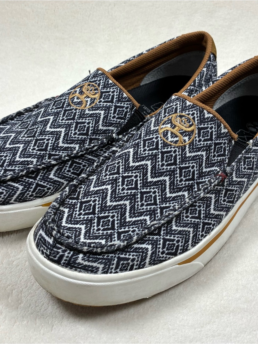 Twisted Black & White Geometric Slip-On Loafers with Brown Trim